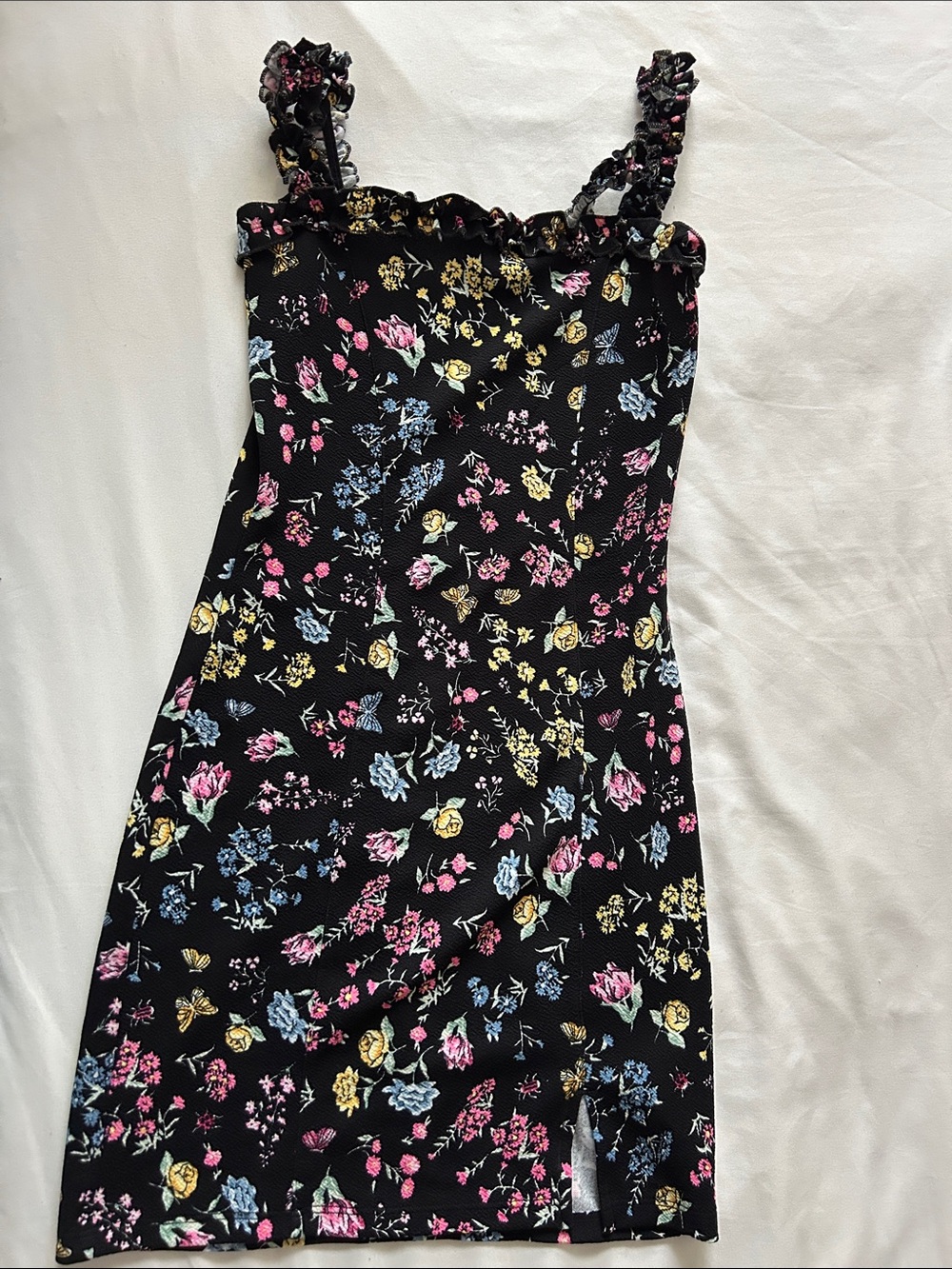 Black Floral Ruffled Strap Mini Dress